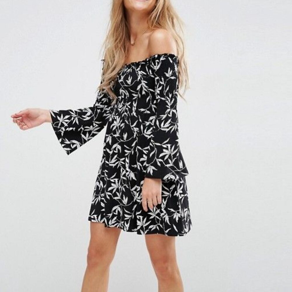 ASOS Black & White Mini Dress with Trumpet Sleeves - Size 4